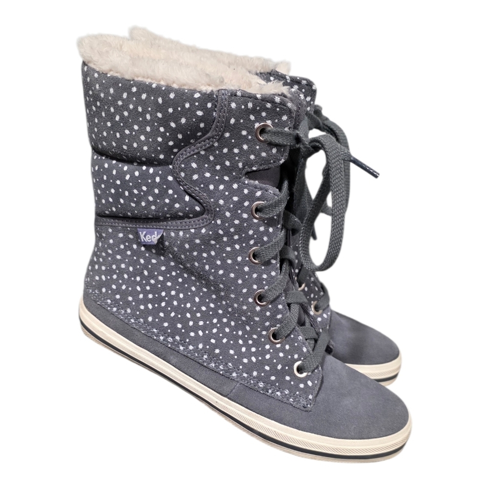 Keds Winter Polka Dot Sherpa Lined Lace-Up Suede Boots Gray Size 7